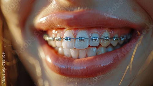 close-up of metal braces on her teeth undergoing orthodontic dental care photo
