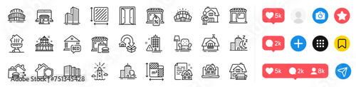 Sports stadium, Lighthouse and Skyscraper buildings line icons pack. Social media icons. Open door, Square area, Market sale web icon. Night city, Lease contract, Floor plan pictogram. Vector