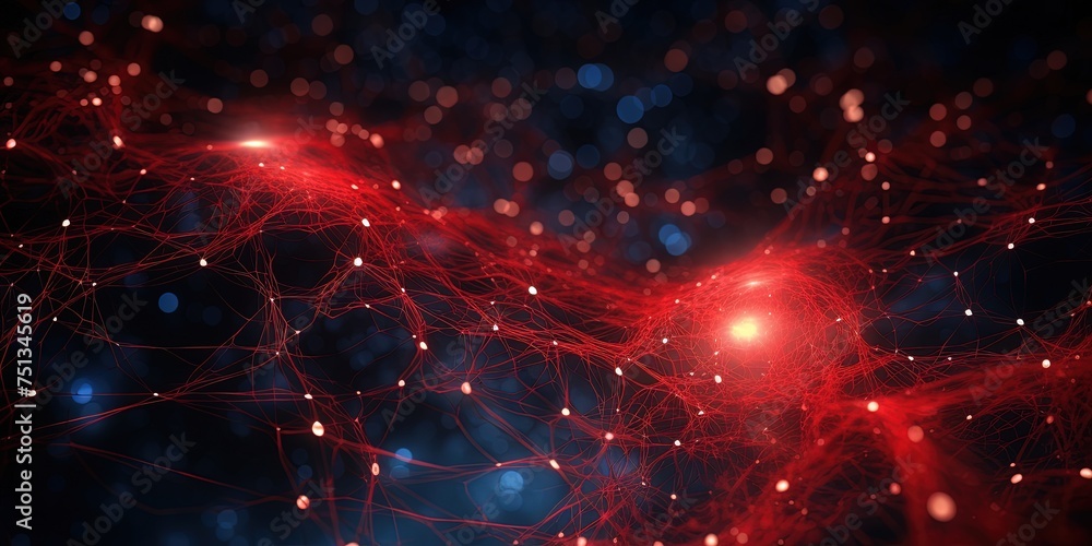 Obraz premium Vibrant digital artwork depicting a glowing red node within a complex network, illustrating data flow