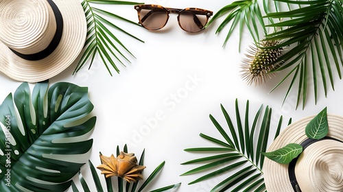 Traveler accessory, tropical palm leaf branch on white background with empty space for text. Travel vacation concept. Summer background Road frame set. Flat lay, top view. Generative AI