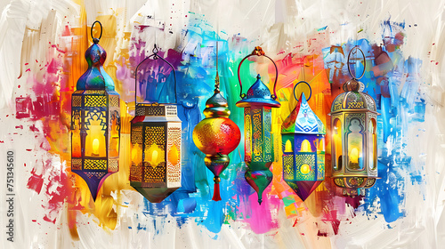 Fototapeta Naklejka Na Ścianę i Meble -  Hand painted oil paint colorful abstract lantern, ramadan kareem