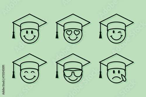 graduation emoji set, set of thin line smile emoticons with graduation hats isolated on a green background, vector design elements
