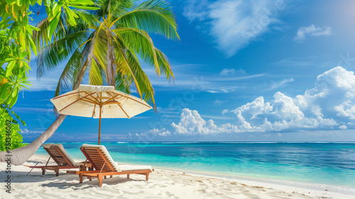 Beach vacation. White sand beach with palm trees and hammocks with chic ocean background.