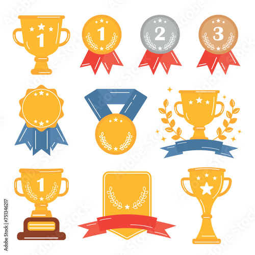 Award champion cup, trophy, gold, silver, bronze medals for winners in sport competition, Olympics games, school camps competitions. Reward medals, appreciation collection of prizes, champion cups.