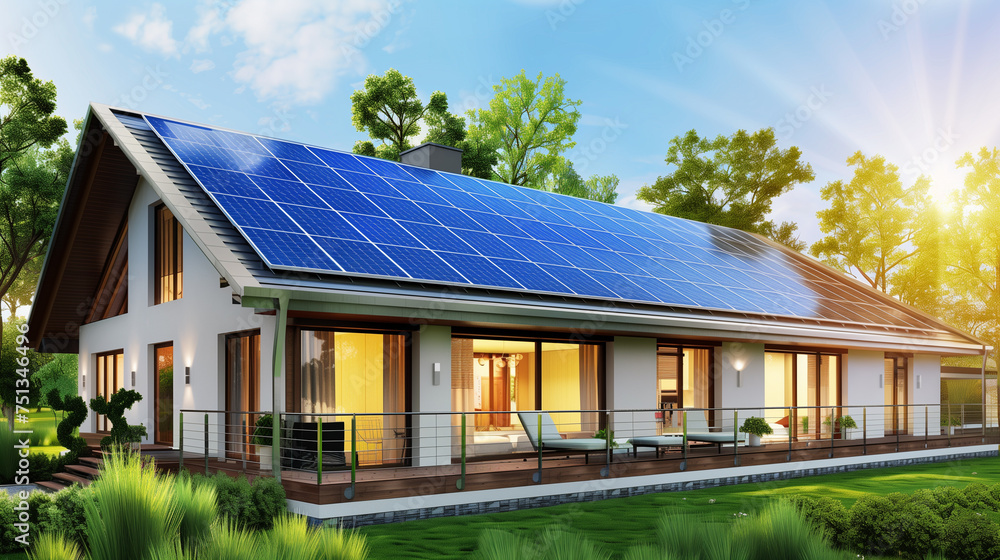 Luxury real estate in a private community with a smart solar panel system on the roof of the house Luxury real estate in a private community with a smart solar panel system on the roof of the house