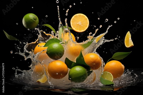 Citrus mix  lemon  lime  orange  falling together in harmony. black background.