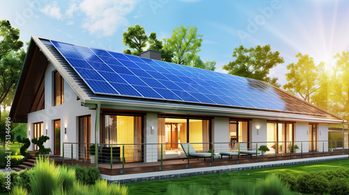 Luxury real estate in a private community with a smart solar panel system on the roof of the house