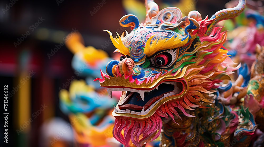 Colorful dragon statue in chinese temple, closeup of photo generativa IA