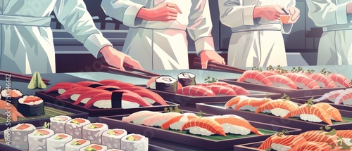 Chefs preparing assorted sushi on a counter, showcasing skill and fresh ingredients.