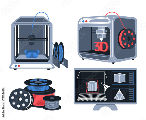 3d printers,plastic wire and computer modeling. 3D printing concept. Devices producing object from polymer. Isolated vector flat illustration.
