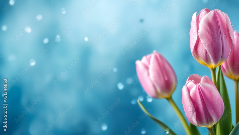 Banner of gently pink tulips on a light blue background with drops of water, place for text, copy space.