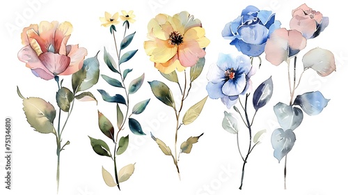 Watercolor floral bouquet illustration set - blush pink blue yellow flower green leaf leaves branches bouquets collection. Wedding stationary  greetings  wallpapers  fashion  background. Generative Ai