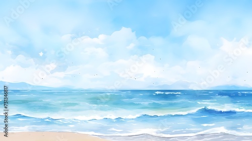 A watercolor painting of a beach with a blue sky and waves 