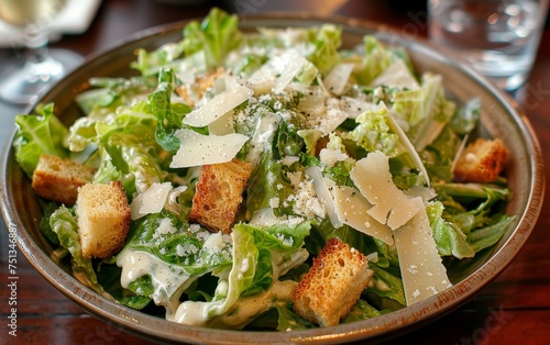 Fresh Caesar salad with crispy croutons, parmesan shavings, and creamy dressing served in a rustic bowl.