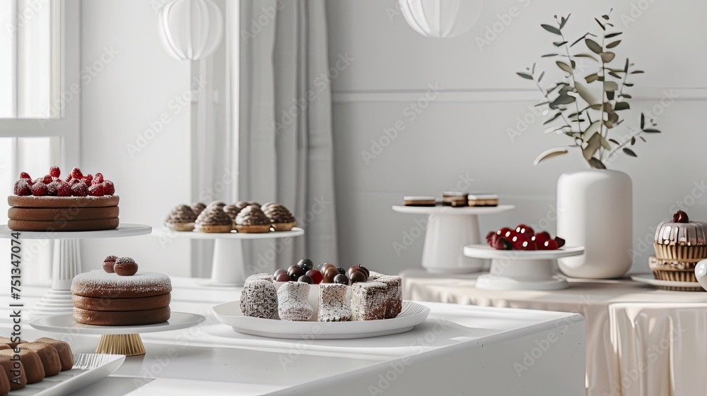 an assortment of delectable desserts beautifully arranged on a modern white table indoors. an assortment of delectable desserts beautifully arranged on a modern white table indoors.