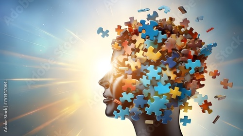 Double exposure of human head and colorful puzzles as symbol of autism awareness mental health concept Puzzled human head illustration Jigsaw puzzle 