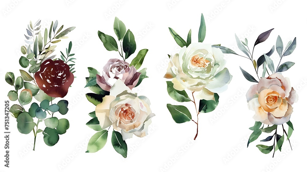 Watercolor floral bouquets set - green leaves, burgundy maroon pink peach blush white flowers leaf branches. Wedding invitations stationery wallpapers fashion prints. Eucalyptus, olive. Generative Ai - obrazy, fototapety, plakaty 