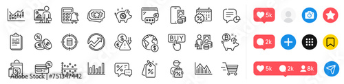 Financial diagram, Discount tags and Calculator alarm line icons pack. Social media icons. Cashback, Global business, Wallet web icon. Audit, Calculator target, Piggy sale pictogram. Statistic. Vector