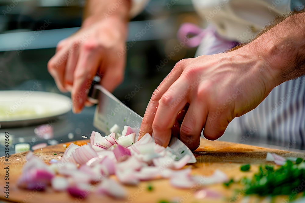 Chef cutting onion with knife in restaurant kitchen, closeup. Chef cutting onion with knife in restaurant kitchen, closeup.