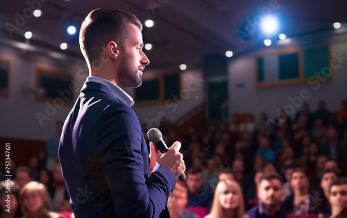 Man holding microphone and giving speech at crowd in seminar. Public speaking concept.