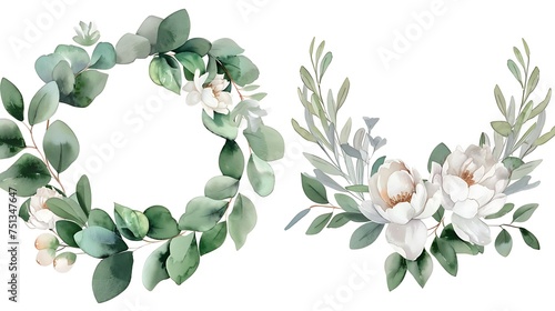 Watercolor floral illustration set bouquet  wreath  frame green leaves  pink peach blush white flowers branches. Wedding invitations  greetings  wallpapers  fashion  prints. Eucalyptus. Generative Ai