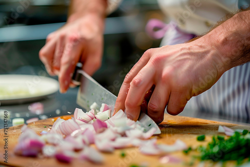 Chef cutting onion with knife in restaurant kitchen, closeup.