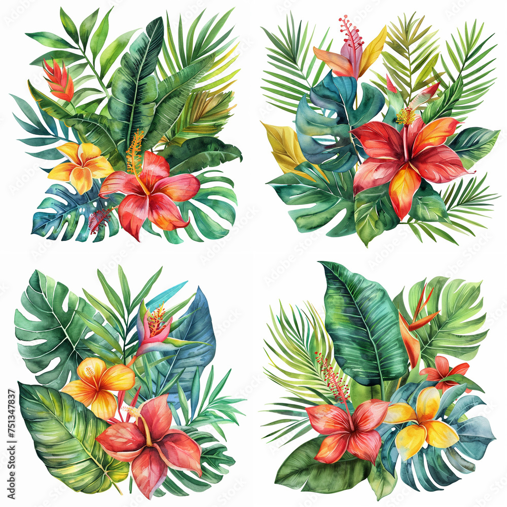 Watercolor set of tropical leaves