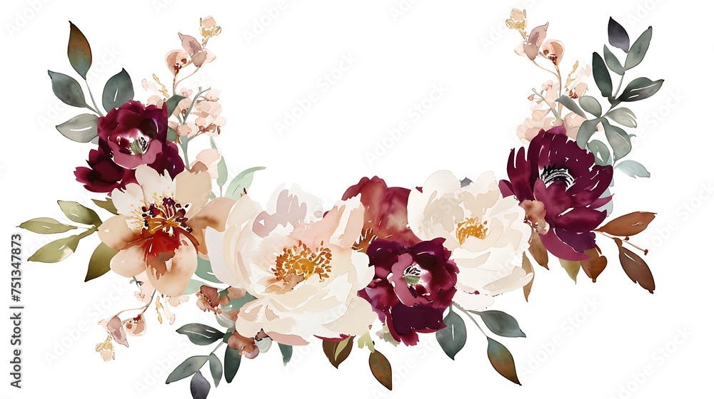 Watercolor floral wreath border bouquet frame collection set green leaves burgundy maroon scarlet pink peach blush white flowers leaf branches. Wedding invitations stationery wallpapers. Generative Ai - obrazy, fototapety, plakaty 