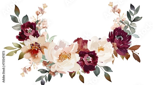 Watercolor floral wreath border bouquet frame collection set green leaves burgundy maroon scarlet pink peach blush white flowers leaf branches. Wedding invitations stationery wallpapers. Generative Ai