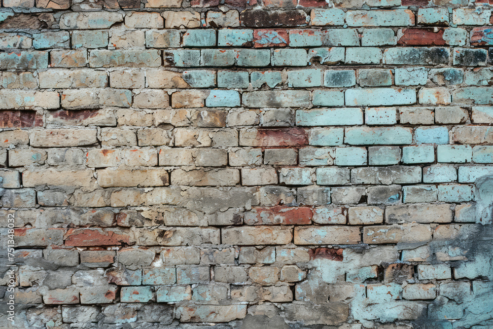 An old brick wall with peeling paint showcasing signs of wear and tear An old brick wall with peeling paint showcasing signs of wear and tear
