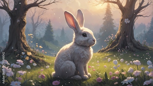 cartoon bunny sits in the forest among Easter eggs. Concept: Spring Festival, religious traditional celebration photo
