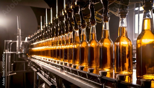 Bottling line or bottling plant of beer bottles in a brewery factory. Generative Ai.