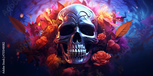 A New Skull Wallpaper Infused with Vray Tracing and Digital Neon Artistry, A colorful skull with roses on it is surrounded by flowers, GENERATIVE AI

 photo