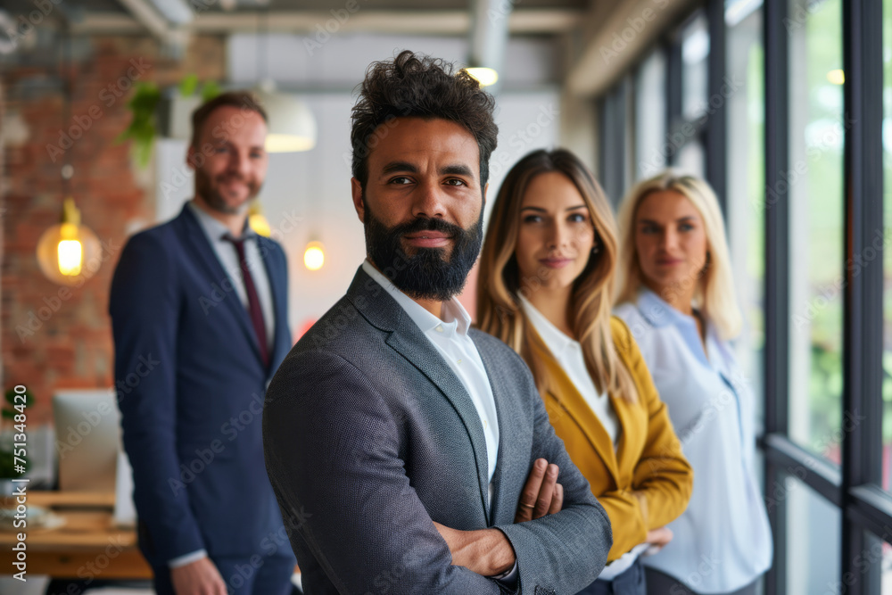 Diverse group of people standing in front of a window, looking outside with curiosity and engaged in conversation Diverse group of people standing in front of a window, looking outside with curiosity and engaged in conversation