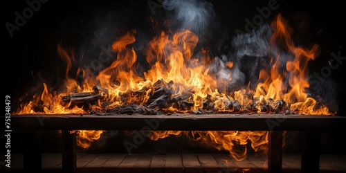 flaming bbq fire on black background and empty rustic wooden table