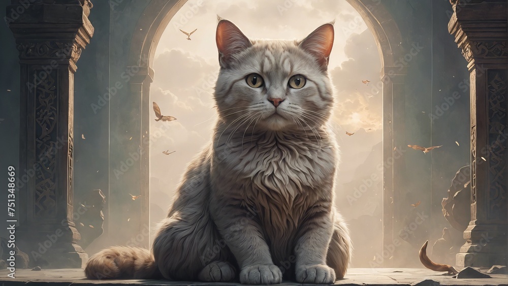 © Neuro architect - Buddhist cat, animal worship, funny illustration of a cat with folded paws. Concept: Religious sketch, meditative kitten, inspiration and spiritual growth. neutral background