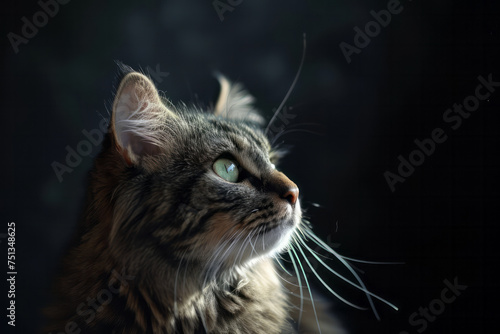 Close-up view of a cat in front of a dark background