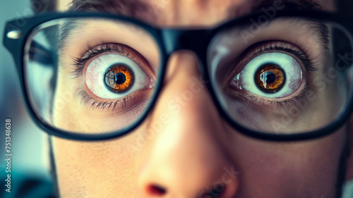 Close-up of a person wearing glasses with reflection in the eyes representing vision, perception, focus, technology and clarity.