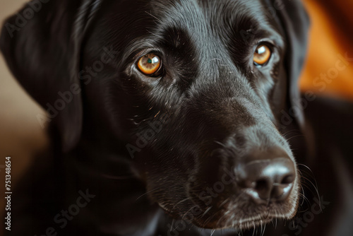 A close-up of a black dog making direct eye contact with the camera, displaying curiosity