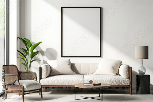 A modern living room featuring a couch, chair, and table neatly arranged for comfortable seating and functional use
