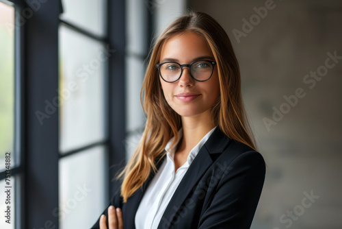 A woman wearing glasses stands in front of a window