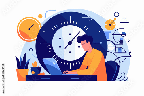 Tiny people and huge hourglass, alarm clock. Team working together with laptops. Time management and business planning. Time is money. Deadline. Young employees work near the dial of a large watch.