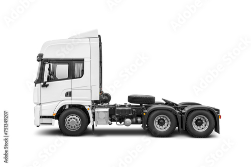 White Semi-trailer truck cab without trailer isolated. Vehicle without any cargo, awaiting attachment to a trailer for transport duties. Transparent PNG image. © Kuzmick