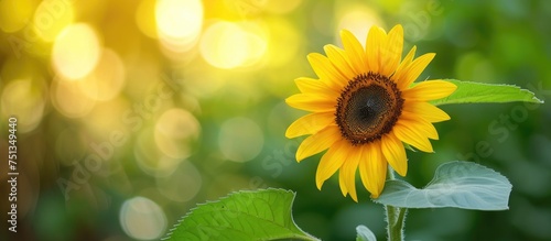 A vibrant yellow sunflower stands out in a field, surrounded by green leaves. The soft blurred background highlights the single blooming sunflower.
