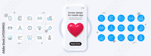 Phone mockup with 3d heart icon. Change money, Winner reward and Flight mode line icons. Pack of Incubator, Headhunter, Safe time icon. Bankrupt, Receive mail, Mental conundrum pictogram. Vector