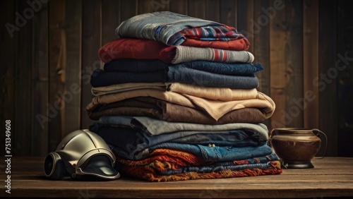 Stack of clothes on a wooden table