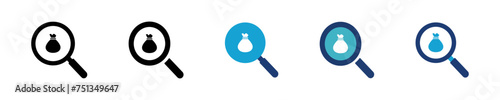 Icon find gift. Simple lens prize symbol. Isolated graphic illustration search surprise. Money bag seek set icon in vector design style