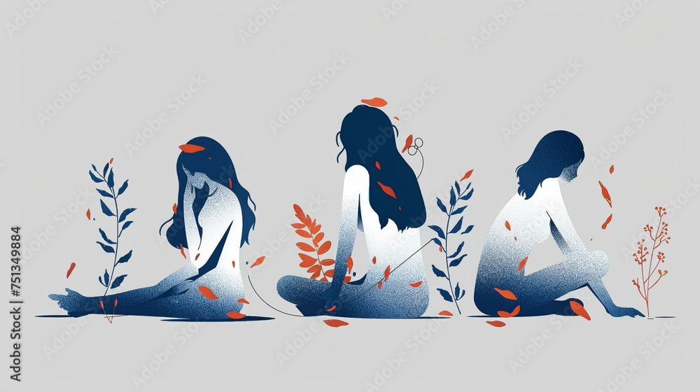 Obraz premium Three women are sitting on the ground, with leaves and flowers surrounding them