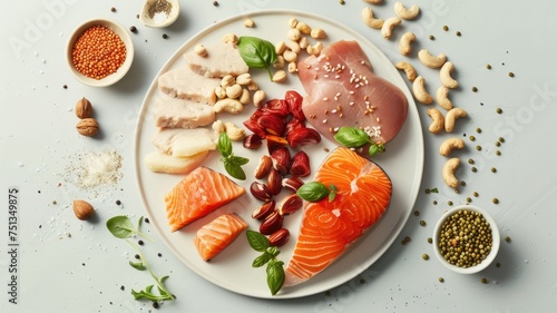 a plate, featuring a mouthwatering assortment of chicken, meat, tofu, salmon fish, nuts, and lentils, with ample empty space invitingly left for text or captions.