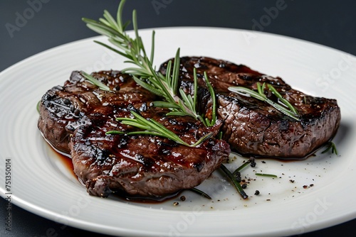 a plate of steaks with rosemary sprigs
